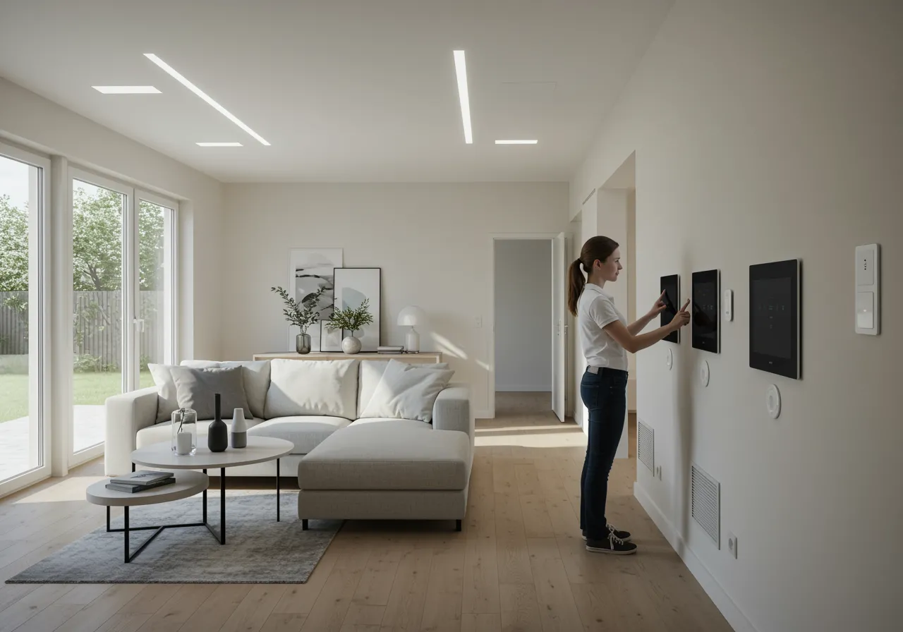 imagen1 1 1 "Salón moderno y minimalista con dispositivos inteligentes integrados, donde una técnica configura un panel de control en un ambiente iluminado por luz natural."