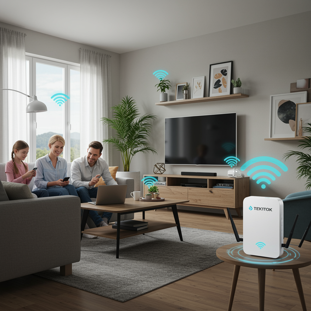 imagen1 1 2 "Render 3D fotorrealista de una sala moderna que muestra soluciones de conectividad del hogar inteligente de TEKTOK, con una familia usando dispositivos tecnológicos en un ambiente acogedor."