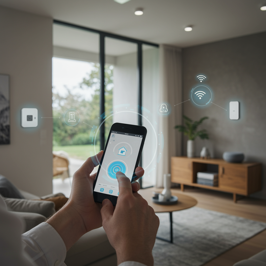 imagen1 1 4 "Imagen fotorealista de un adulto blanco usando un smartphone en una sala moderna con dispositivos inteligentes conectados, incluyendo luces empotradas, termostato y altavoz activado por voz, todo bajo luz natural."