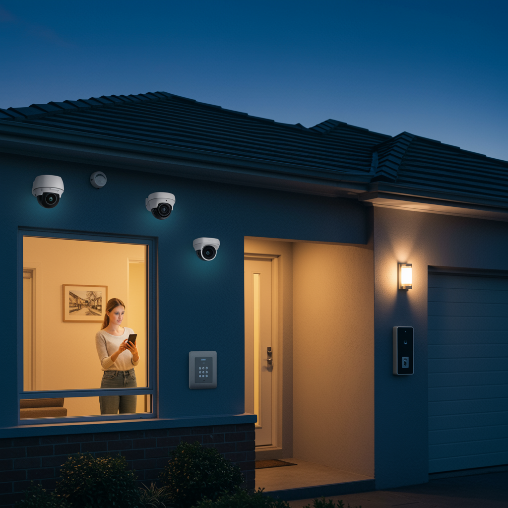 imagen1 1 "Imagen fotorealista de una moderna casa suburbana al anochecer, destacando cámaras de seguridad de alta resolución y tecnología avanzada de control de acceso, simbolizando un sistema de seguridad del hogar eficaz y personalizado."