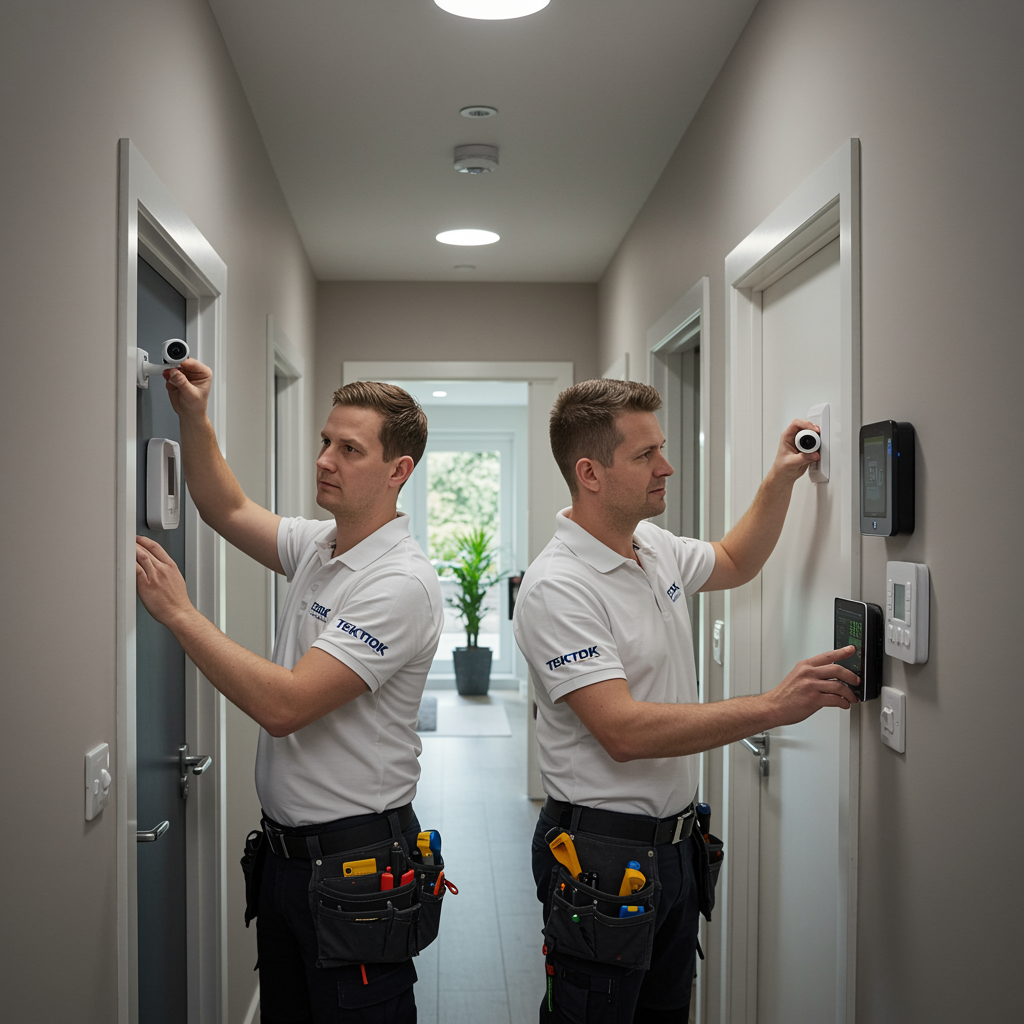 imagen2 1 1 "Instalación de equipos de automatización del hogar por técnicos profesionales en una residencia contemporánea, con cámaras de seguridad y routers Wi-Fi."